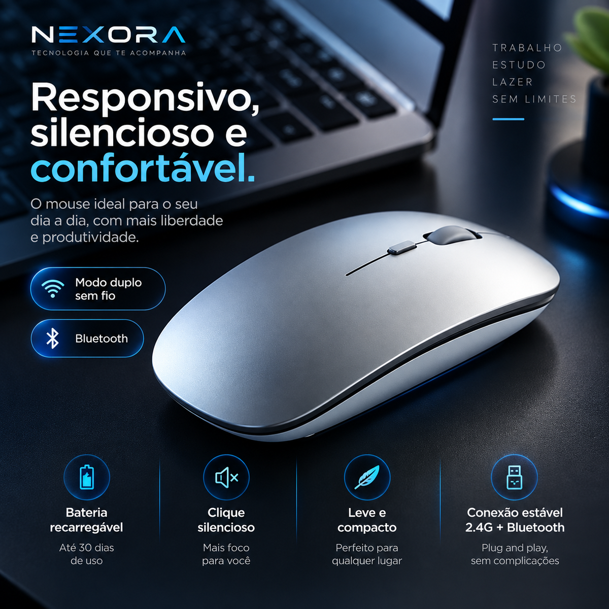 Mouse Recarregável Wireless
